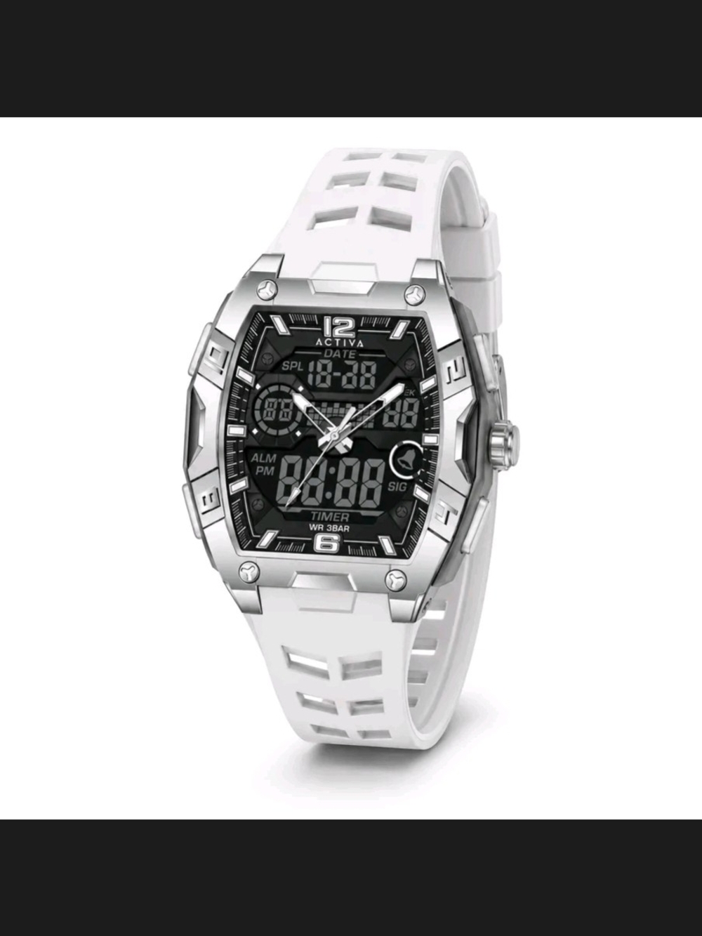 Activa White Silicone Strap Dual-Display Sport Watch with Silver Bezel 50mm